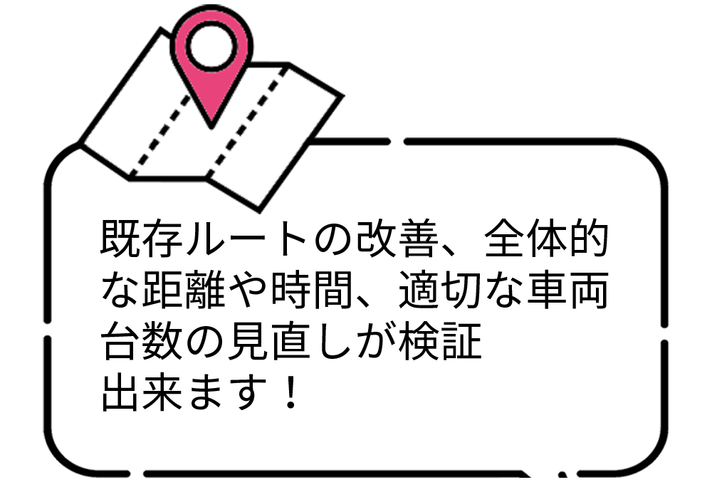 既存ルートの改善、全体的な距離や時間、適切な車両台数の見直しが検証出来ます！